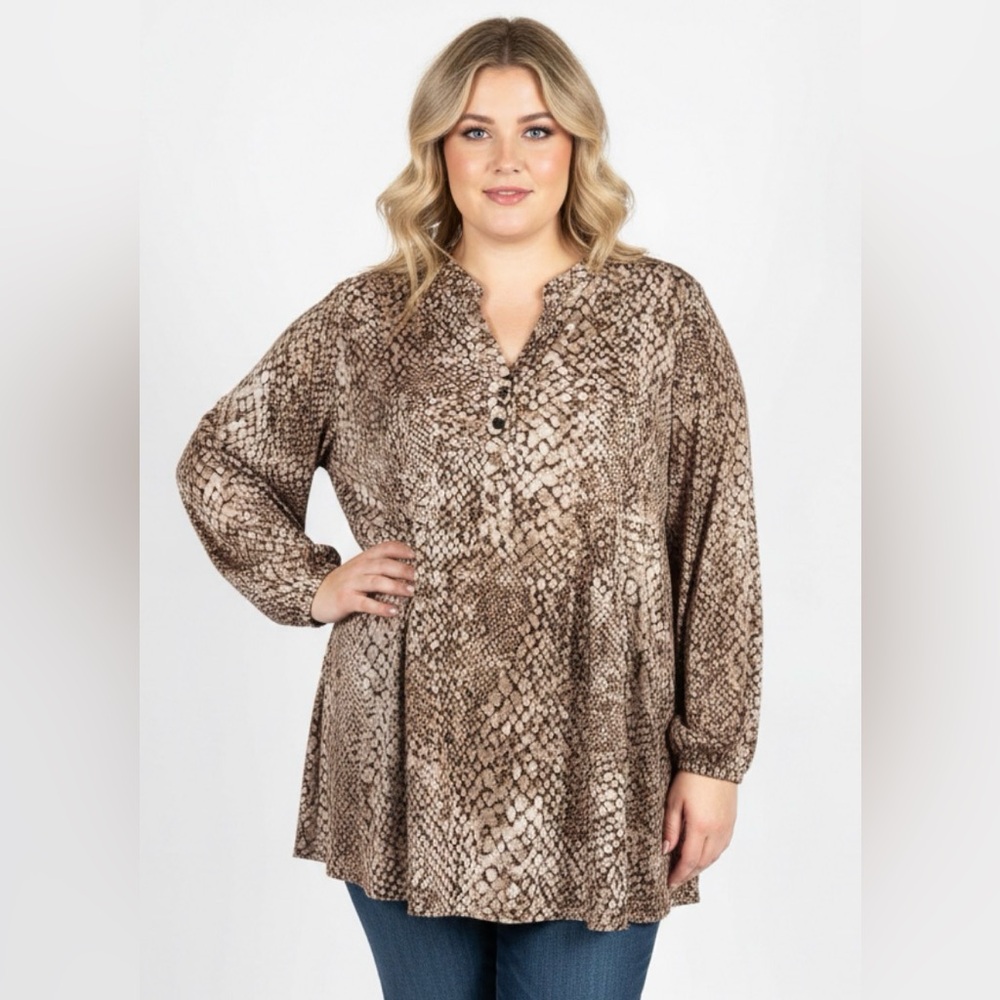 Established 1962 Top Womens 2X Brown Babydoll Tunic Snakeskin Flowy Office Wear